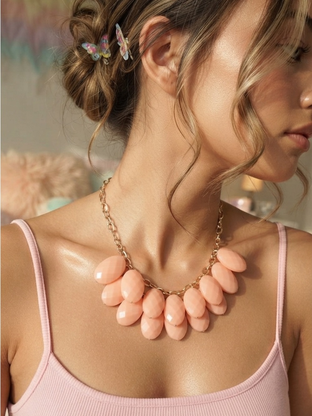 Peach Statement Crystal Bib Necklace Pink Chunky Y2K Jewelry